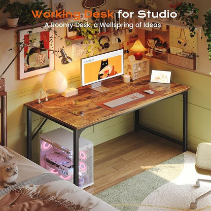 PRAISUN 47 X 24 Inch Deeper Desk with Power Outlets | Computer Desk for Bedroom, Office Desk for Work from Home, Writing Study Gaming Table, Stable Metal Frame, Rustic Brown