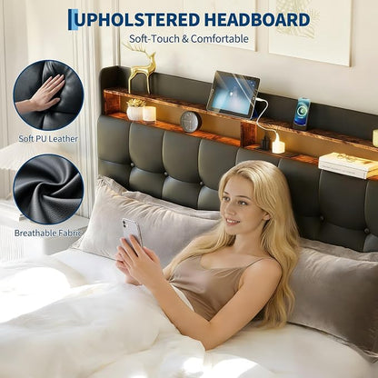 IDEALHOUSE Full Size Upholstered Bed Frame Fabric with Storage Drawers and LED Lights, Headboard and Frame for Cozy Bedroom Sets Upgrades