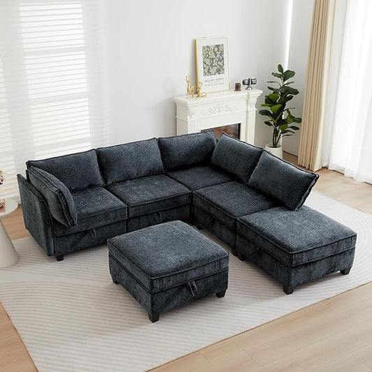 ORRD Corner Modular Sectional Sofa Set, Convertible L Shaped Couch with Storage, 6 Seater Sofa Modular with Ottomans and Reversible Chaise for Living Room, Office (Blue Grey)