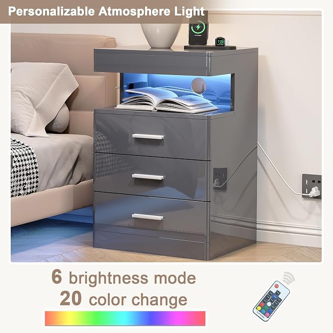 Treocho Led Nightstand with Hidden Space, Modern Night Stand with Charging Station, 3 Drawer Smart Nightstand with Glossy Finish, Tall Bedside Table with RGB Lights for Bedroom, Grey