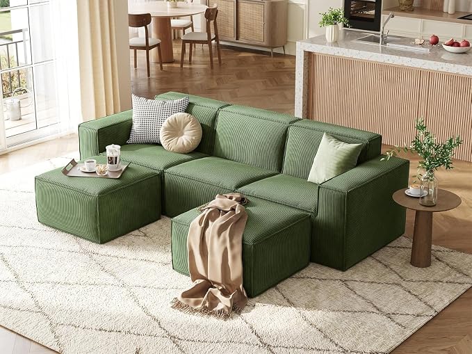 LINSY HOME Modular Sectional Sofa, 105" Boneless Couch U Shaped 3-Seat Sofa with 2 Ottomans, Corduroy Sectional Cloud Couches for Living Room, No Assembly Required(Green)