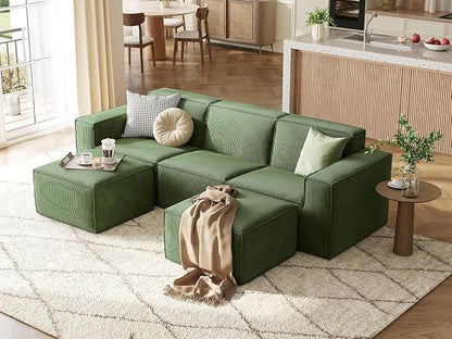 LINSY HOME Modular Sectional Sofa, 105" Boneless Couch U Shaped 3-Seat Sofa with 2 Ottomans, Corduroy Sectional Cloud Couches for Living Room, No Assembly Required(Green)
