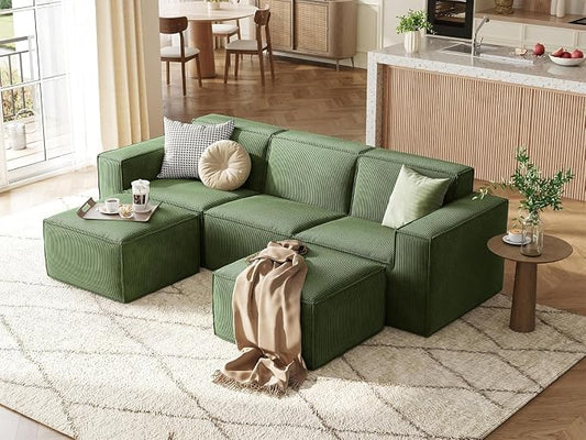LINSY HOME Modular Sectional Sofa, 105" Boneless Couch U Shaped 3-Seat Sofa with 2 Ottomans, Corduroy Sectional Cloud Couches for Living Room, No Assembly Required(Green)
