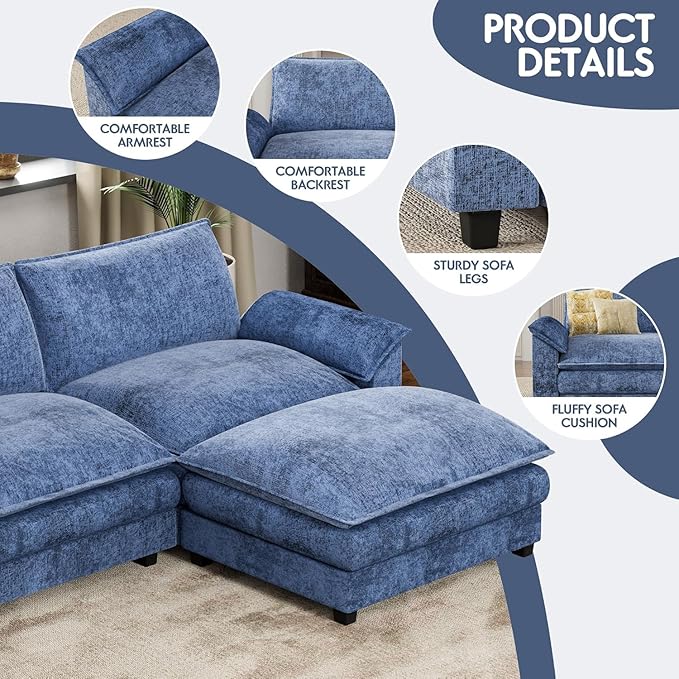 Homall 119" Modular Sectional Sofa, L Shaped Sofa Couch with Reversible Ottoman, DIY Combination Chenille Deep 3-Seat Cloud Couch for Living Room, Apartment (Dark Blue, L Shaped Sofa)