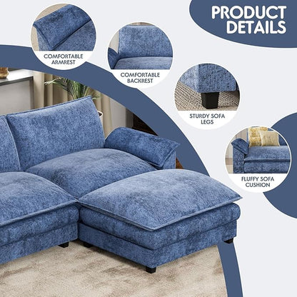 Homall 119" Modular Sectional Sofa, L Shaped Sofa Couch with Reversible Ottoman, DIY Combination Chenille Deep 3-Seat Cloud Couch for Living Room, Apartment (Dark Blue, L Shaped Sofa)