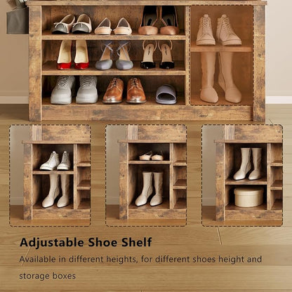Aiho Entryway Hall Tree with Bench and Storage, 5-in-1 Hall Tree with Coat Rack, Adjustable Shoe Bench, 2-Tier top Storage, for Hallway, Entryway, Bedroom, Rustic Brown