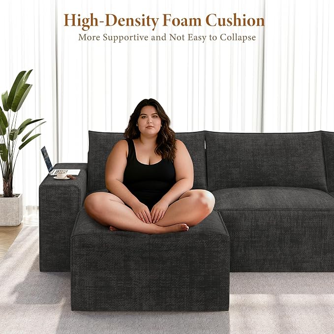 Vesgantti 114" Modular Boneless Couch, Modern 4 Sester Sectional Sofa with Deep Seat, Convertible Chenille L Shaped Cloud Couches for Living Room, No Assembly Required, Black