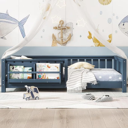 Bellemave Twin Size Montessori Floor Bed with Slats and Fence, Twin Size Montessori Bed with Rails and Bookcase, Easy Assemble Floor Beds Frame, Blue