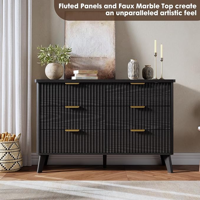 GarveeHome Fluted Dresser for Bedroom with 6 Deep Drawers, 47.2 in Wide Modern Chest of Drawers, Wooden Dresser TV Stand, Curved Profile Design, for Living Room, Kids Room, Hallway, Black