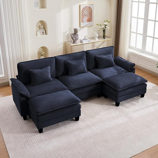 122" Corduroy Modular Sectional Sofa, Convertible U Shaped Modular Sofa Comfy Cloud Couch with Ottoman, Side Pockets and 3 Throw Pillows for Living Room, Blue, 5 Seats