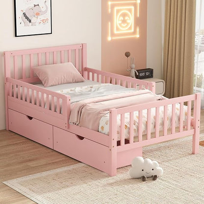 Kids Twin Size Bed Frame with Storage Drawers, Wood Twin Bed Frames for Kids, Twin Bed Frame with Headboard and Footboard for Boys Girls, No Box Spring Needed,Pink