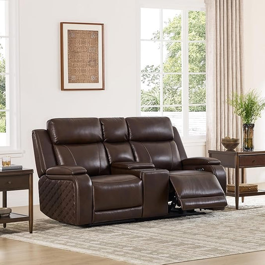 Watson & Whitely Genuine Leather Power Loveseat Recliner Sofa, Zero Gravity Reclining Sofa with Console, Power Headrest & Wireless Charging, Cup Holder, 2-Seater Recliner for Living Room, Dark Brown