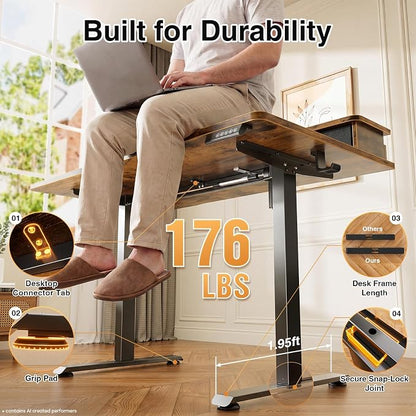 Veken 63x28 in Electric Standing Desk with Drawers, Adjustable Table, Brown | Stand up Computer Desk for Home Office, Work & Study, with Storage, 3 Memory Presets, Cable Organizer, Hook, and Quiet Lift.