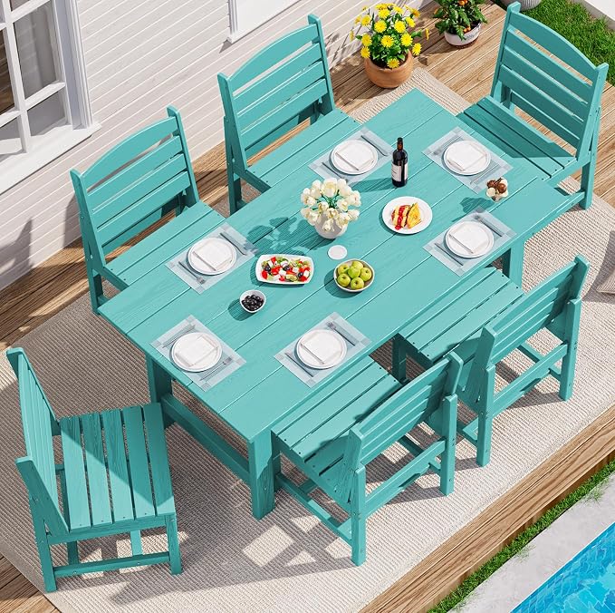SERWALL Outdoor Dining Sets for 6, HDPE Dining Set with 6 Armless Chairs, Aruba