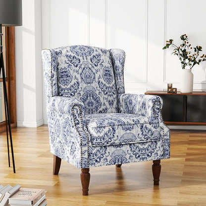 High Back Accent Chair, Fabric Upholstered Armchair Floral Wingback Chair for Living Room, Comfy Solid Wood Legs Bedroom Reading Seat - Navy