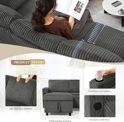 110" Corduroy U-Shape Sofa Bed with Adjustable Backrests, Upholstered Pull Out Sofa Bed with USB Ports, Convertible Sectional Sleeper Couch with Storage Chaise for Living Room, House, Grey
