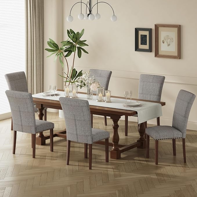 COLAMY Upholstered Parsons Dining Chairs Set of 6, Fabric Dining Room Kitchen Side Chair with Nailhead Trim and Wood Legs - Boho