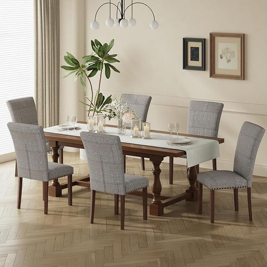 COLAMY Upholstered Parsons Dining Chairs Set of 6, Fabric Dining Room Kitchen Side Chair with Nailhead Trim and Wood Legs - Boho