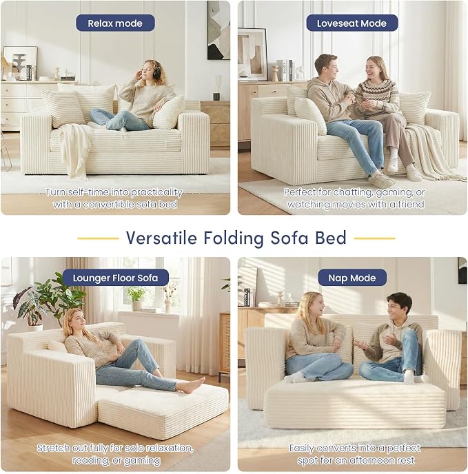 cidludto Convertible Sofa Bed, Boneless Couch 2 in 1 Loveseat Folding Couch Bed Foldable, Boneless Chair Bed & Futon Sofa, Small Couch Corduroy Pull Out Sofa with 4 Pillows for Living Room, Beige