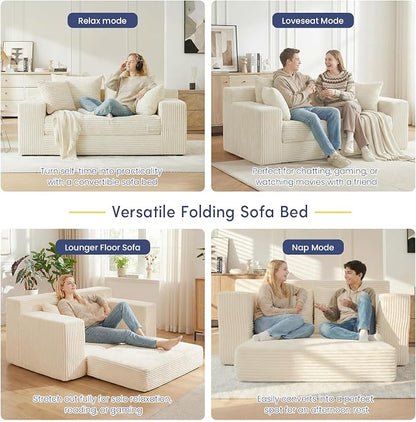 cidludto Convertible Sofa Bed, Boneless Couch 2 in 1 Loveseat Folding Couch Bed Foldable, Boneless Chair Bed & Futon Sofa, Small Couch Corduroy Pull Out Sofa with 4 Pillows for Living Room, Beige