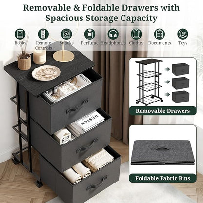 3 Drawers Dresser with Wheels, Storage Organizer with Removable Fabric Bins and Steel Frame, Small Nightstand Dresser for Bedroom, Office, Entryway, Ash Gray
