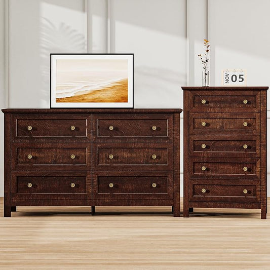 Farmhouse Dresser Nightstand Sets, 2-Piece Bedroom Furniture Set for Home | 5 Drawer Tall Dresser & 6 Dresser Closet , Chest of Drawers for Bedroom, Living Room, Entryway, Dark Brown
