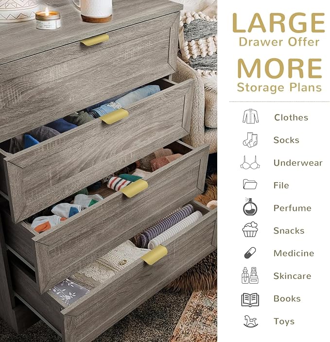 37-inch Tall Chest of Drawers, 4 Drawer Dresser for Bedroom, Grey Wood Dresser with Large Drawers, Modern Storage Cabinet for Closet, Living Room, Entryway, Wash Grey