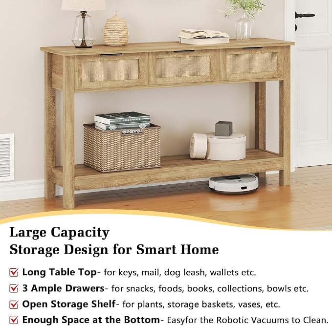 Luoxiao Rattan Console Table 3-Drawer 47" Narrow Wood Entryway Sofa Table | Trendy Boho Hallway Foyer Storage, Open Shelf, Sturdy Entry Table for Living Room, Couch, Easy Assembly, Anti-Tip, Natural