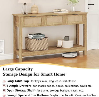 Luoxiao Rattan Console Table 3-Drawer 47" Narrow Wood Entryway Sofa Table | Trendy Boho Hallway Foyer Storage, Open Shelf, Sturdy Entry Table for Living Room, Couch, Easy Assembly, Anti-Tip, Natural