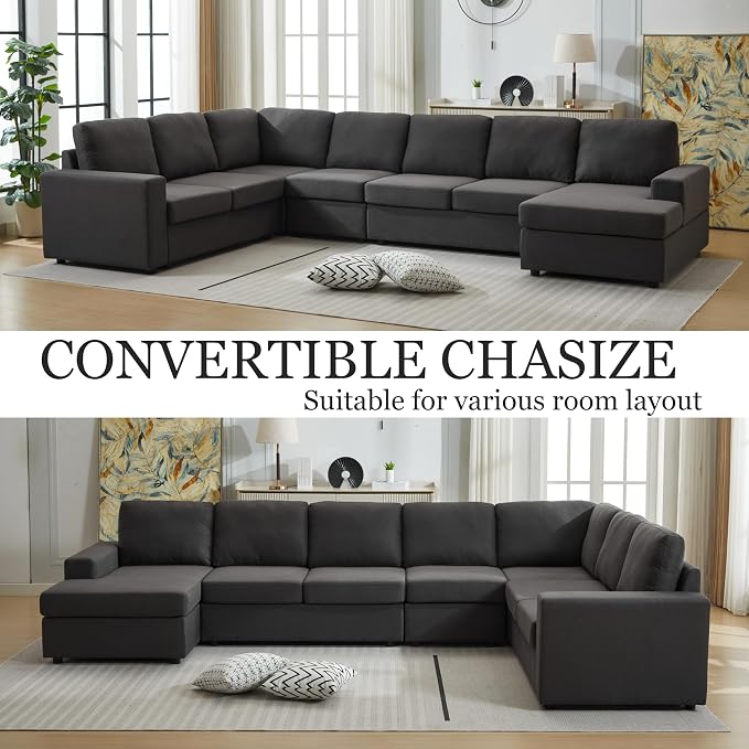 Ball & Cast 147" L-Shaped Sectional Couches for Living Room with Reversible Chaise&Removable Back Cushions,7 Seat Linen Upholstered Convertible Sectional Sofa,DIY Combination,for Home,Office,Dark Gray