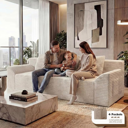 71" Corduroy Living Room Sofa, 3 Setaser Deep Seat Couch with 3 Lumbar Pillows, Comfy Boneless Sofa Modern Compressed Couch for Bedroom, Office, Apartment, No Assembly, Curved Armrests (Ancient White)
