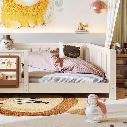 Bellemave Full Floor Bed with Slats and Rails, Full Size Montessori Floor Bed with Bookcase and Fence, Easy Assemble Montessori Beds for Girls, Boys, Beige Floor Beds
