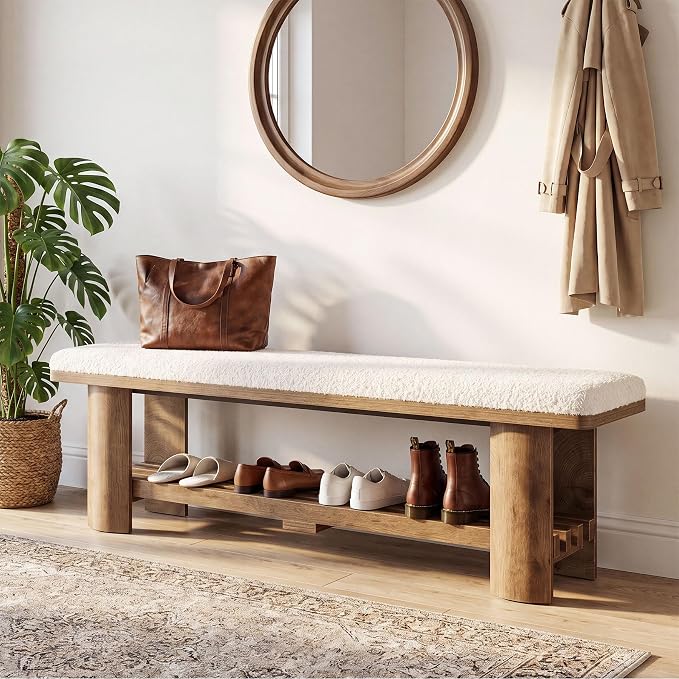 Tribesigns Entryway Bench with Storage, 62.9-Inch Wooden Upholstered Shoe Bench with Faux Lamb Wool Cushion and Shoe Rack for Living Room Hallway