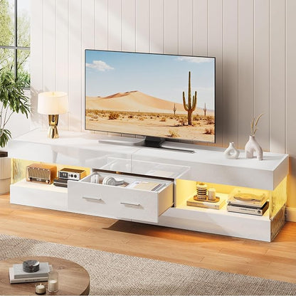 Bestier 67" Modern TV Stand for TVs up to 75 Inch, High Gloss LED Entertainment Center with Stone-Patterned Doors, TV Console with Drawer & Storage for Living Room, White