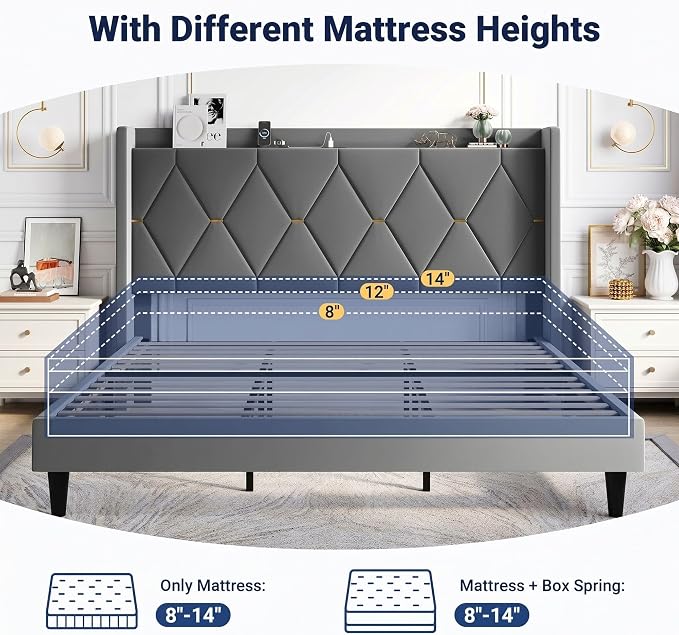 Allewie Velvet King Size Upholstered Bed Frame with Wingback Storage Headboard & Charging Station, Platform Bed with Diamond Tufted Design & Gold Trim, No Box Spring Needed, Easy Assembly, Grey