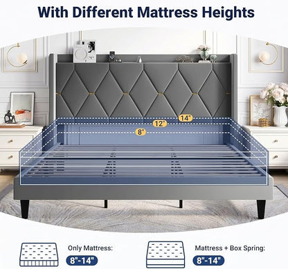 Allewie Velvet King Size Upholstered Bed Frame with Wingback Storage Headboard & Charging Station, Platform Bed with Diamond Tufted Design & Gold Trim, No Box Spring Needed, Easy Assembly, Grey