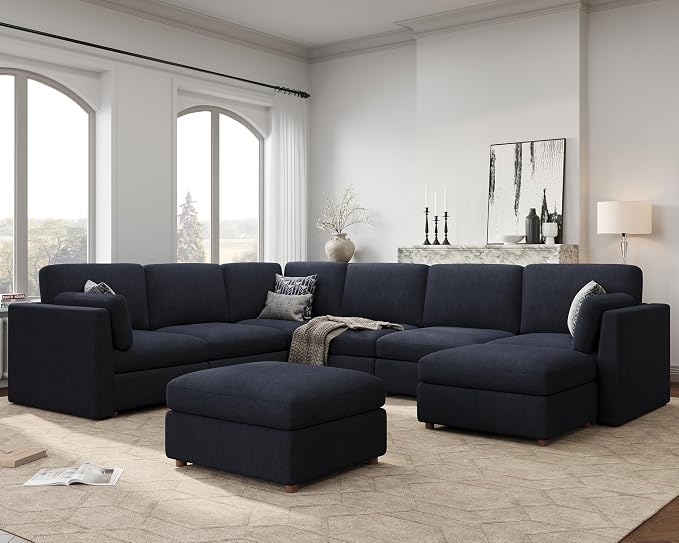 Oversized Modular Sectional Sofa U-Shaped Cloud Couches Blue | Large Deep Seat Couch for Living Room, 8 Seater Luxury Corner Sofa with Ottoman, Solid Wood Frame, Removable Washable Cover