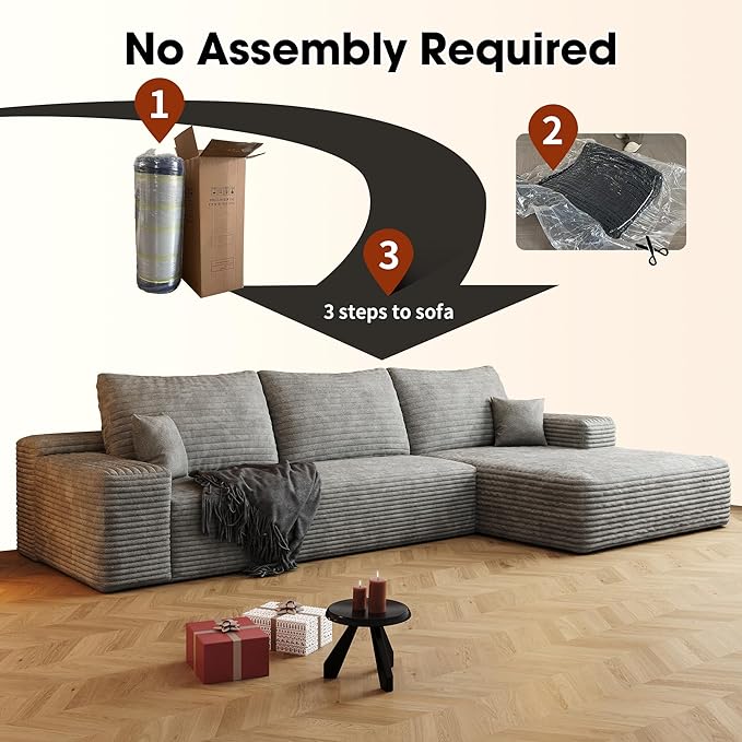 AUGOP 108" Sectional Couches for Living Room Modern Modular Sofa with L-Shape Couchs Upholstered Boneless Couch Deep Seat Sectional Couch with Chaise (Grey, Right Facing Chaise+2Seaters)