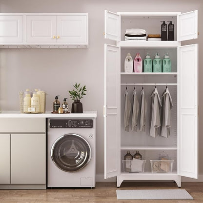 Armoire Wardrobe Closet with Hanging Rod, 71" Tall Metal Clothes Storage Cabinet with Doors and Adjustable Shelves, White Wardrobe Cabinet, Steel Closet for Bedroom, Bathroom, Office, School