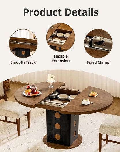 43"-59" Extendable Round Dining Table for 4-8, Oval Kitchen Table with Hidden Storage, Modern Farmhouse Wooden Dining Room Table for Kitchen Living Room, Walnut