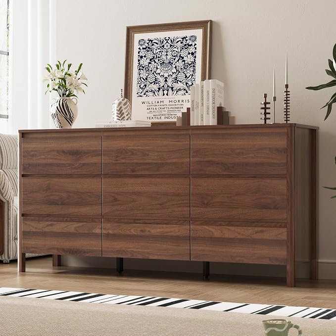 MAISONARIA Walnut 3-Piece Dresser Bedroom Set, 9 Drawers Dresser & 2 Drawer Nightstands with Hidden Handles, Wood Chest of Drawers for Bedroom, Living Room, Entryway