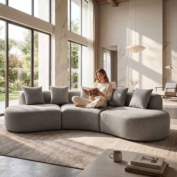 134" Curved Modular Sectional Sofa for Living Room, Modern Chenille Oversized Cloud Couch, Plush Luxury 6-Seater Extra Deep Seat Boucle Boneless Sofa, No Assembly Required, Grey