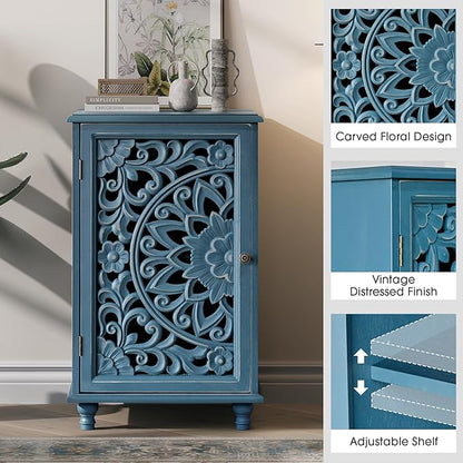 JOINICE Accent Cabinet with Hand-Carved Door for Living Room/Bedroom | Hand-Carved Floral Design, Farmhouse/Rustic Style, Space-Saving, Sofa Table, Solid Wood Legs, Adjustable Shelf, Easy Assembly