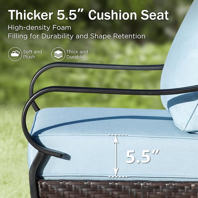 PHI VILLA Wicker & Metal Outdoor 2-Seat Patio Couch,Patio Sofa Loveseat with Deep Seating for Front Porch, Deck, Balcony, Backyard, Sunroom,Blue