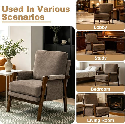 RNKSFX Dark Brown Accent Chair for Bedroom & Living Room, Mid Century Modern Accent Arm Chair, Upholstered Anthropologie Accent Chair with Solid Wood Frame, Fabric