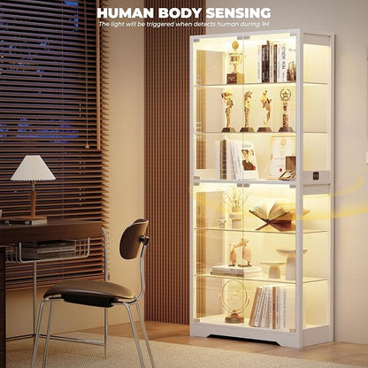 BROTTAR 6-Tier 71" Display Cabinet with Glass Door, Curio Cabinet with 3 Color Lights for Collectibles, Display Case with Adjustable Glass Shelves, Human Body Sensor, Storage Cabinets, White