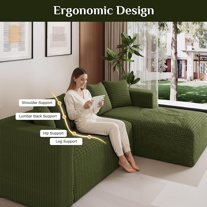 Oversized L Shaped Boneless Sectional Couches for Living Room, 107" Comfy Fluffy Cloud Modular Sectional Sofa, Plush Corduroy Memory Foam Floor Sofa with Right Facing Chaise Couch
