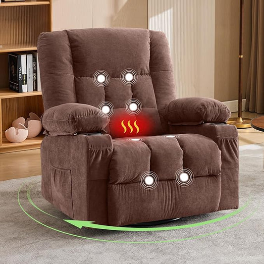 BOSMILLER 360° Swivel Rocker Recliner Chair for Adults,Oversized Recliner Chair with Massage and Heating, Manual Nursery Glider Recliner with Cup Holder and Side Pocket for Living Room, Bedroom