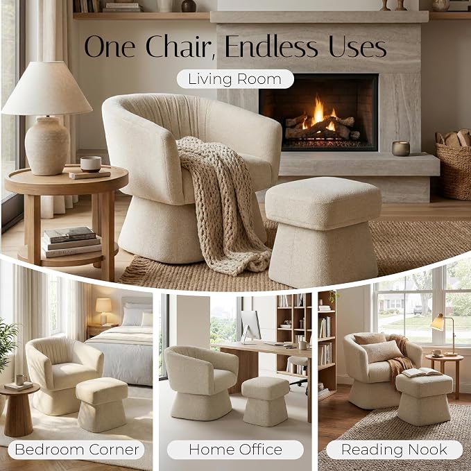 Zerel's Home Swivel Accent Chair with Ottoman, Upholstered Barrel Accent Chair, Modern Accent Chair with Pleated Backrest and Arms, Boucle Armchair for Living Room Bedroom, Sand