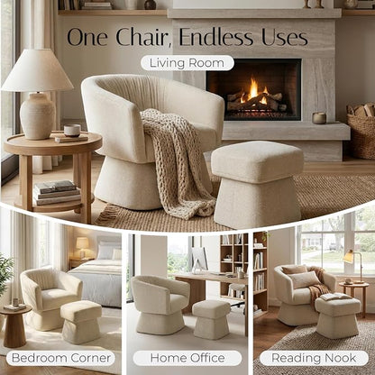 Zerel's Home Swivel Accent Chair with Ottoman, Upholstered Barrel Accent Chair, Modern Accent Chair with Pleated Backrest and Arms, Boucle Armchair for Living Room Bedroom, Sand